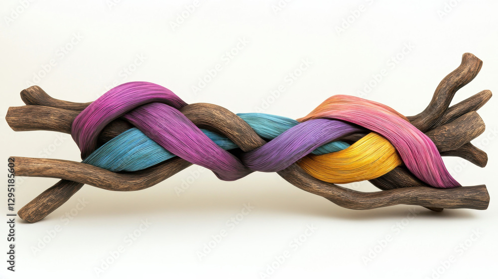 A sculpted wooden branch wrapped in an intricate weave of colorful textile bands, creating a stunning interplay of natural grain and artificial fabric A sculpted wooden branch wrapped in an intricate weave of colorful textile bands, creating a stunning interplay of natural grain and artificial fabric