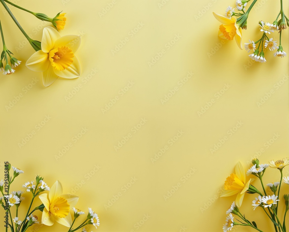 A vibrant yellow background adorned with cheerful yellow flowers and delicate white blossoms, creating a fresh and uplifting atmosphere. A vibrant yellow background adorned with cheerful yellow flowers and delicate white blossoms, creating a fresh and uplifting atmosphere.