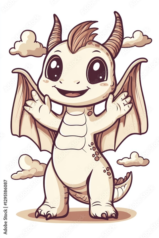 Obraz premium Cute baby dragon welcomes, clouds background, children's book illustration