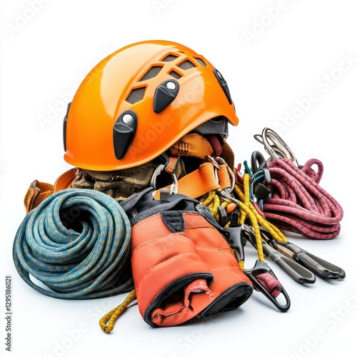 High-resolution image of a mountain climbers helmet and gear against a white backdrop, perfect for e-commerce, catalogs, and promotional content
