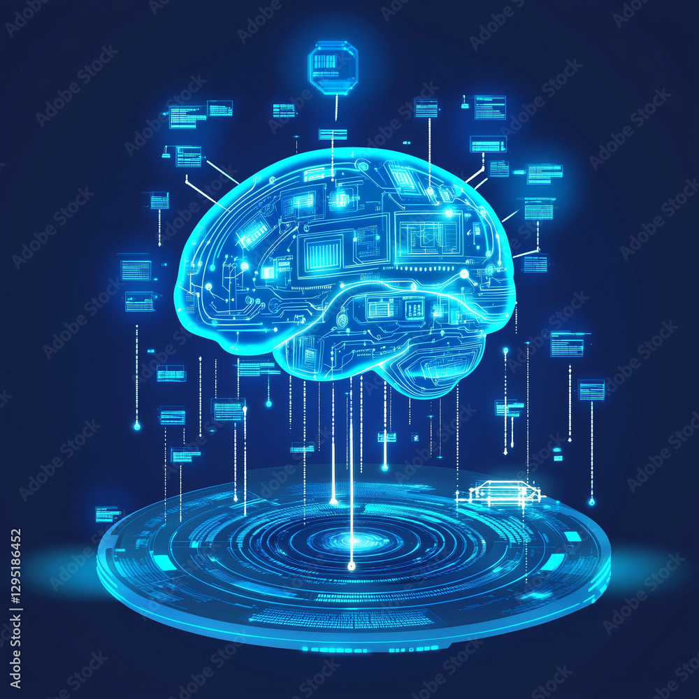 Abstract image of AI in business with interconnected data points and futuristic holographic elements. Abstract image of AI in business with interconnected data points and futuristic holographic elements.