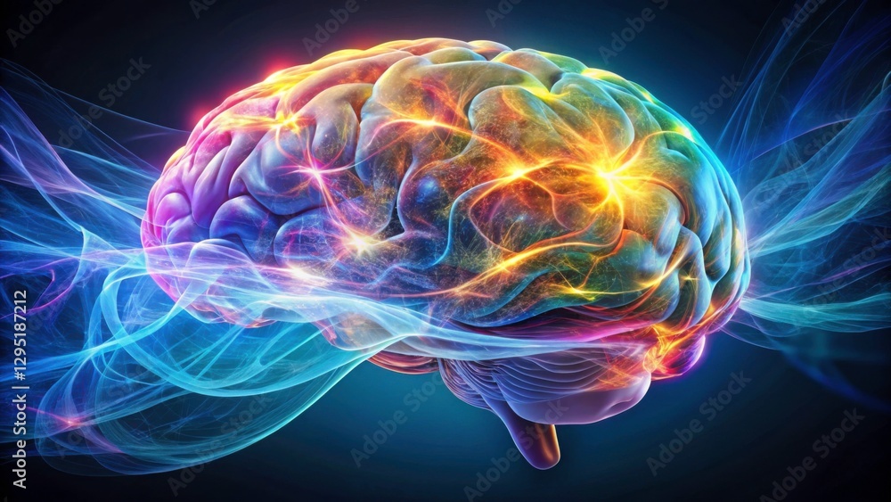 Colorful Abstract Brain Illustration with Light Effects and Swirls Colorful Abstract Brain Illustration with Light Effects and Swirls
