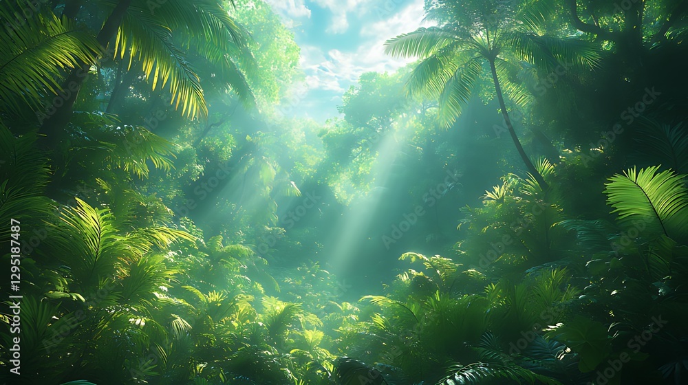 Lush tropical jungle sunlight beams, rainforest background, travel poster Lush tropical jungle sunlight beams, rainforest background, travel poster