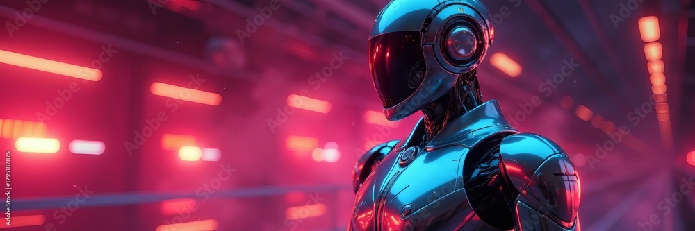 Sleek chrome robot, dynamic pose, futuristic track , android, AI Sleek chrome robot, dynamic pose, futuristic track , android, AI