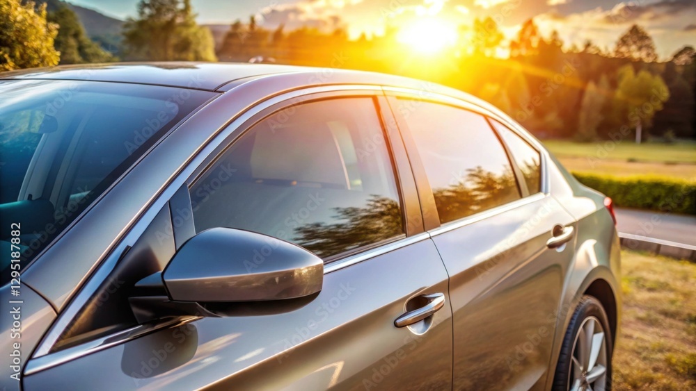 Fototapeta premium Sleek Modern Car with Sunrise in Background on a Scenic Road