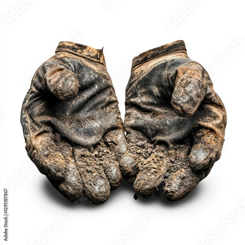 Professional image of a coal miners gloves with a seamless white background, perfect for branding, packaging, and advertising, emphasizing their heavy-duty protection.
