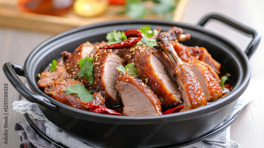 delicious serving of roasted duck garnished with herbs and spices in black bowl delicious serving of roasted duck garnished with herbs and spices in black bowl