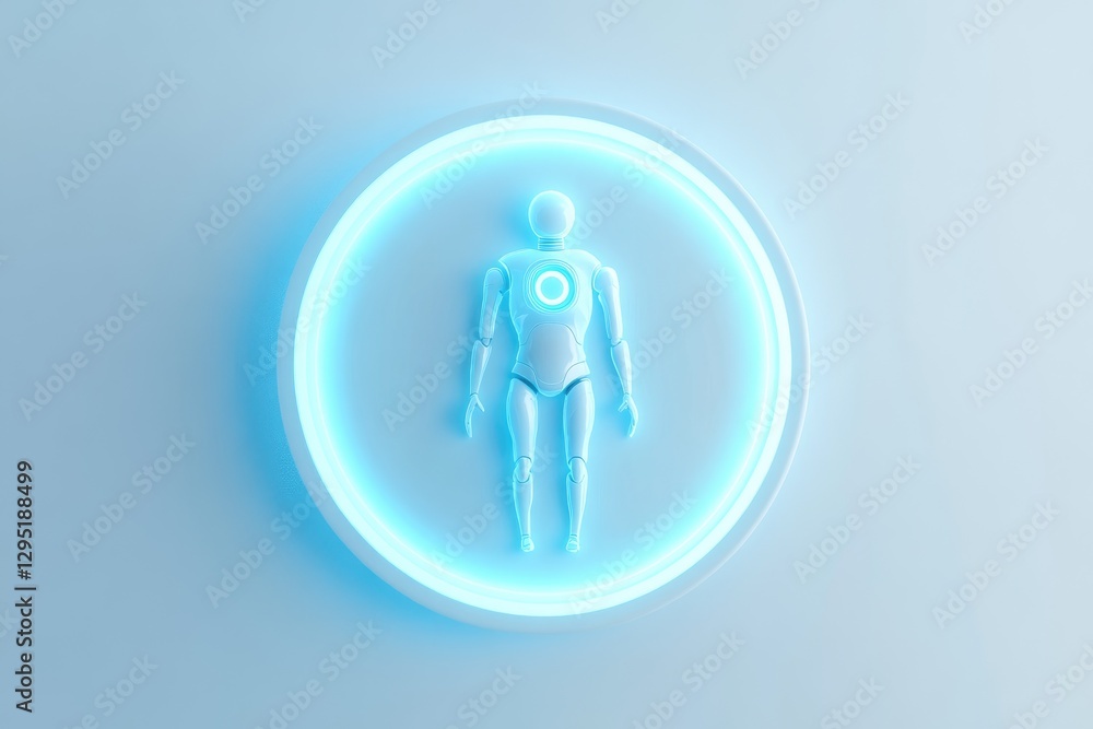 A futuristic robot character is centered in a glowing light ring A futuristic robot character is centered in a glowing light ring