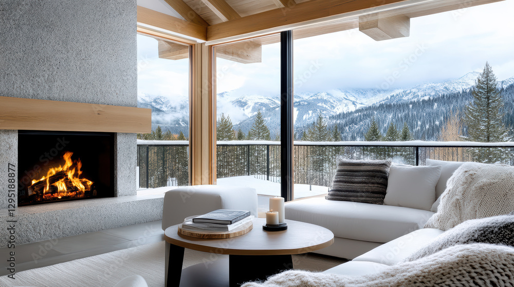Fototapeta premium cozy mountain lodge with fireplace offering warmth and stunning views
