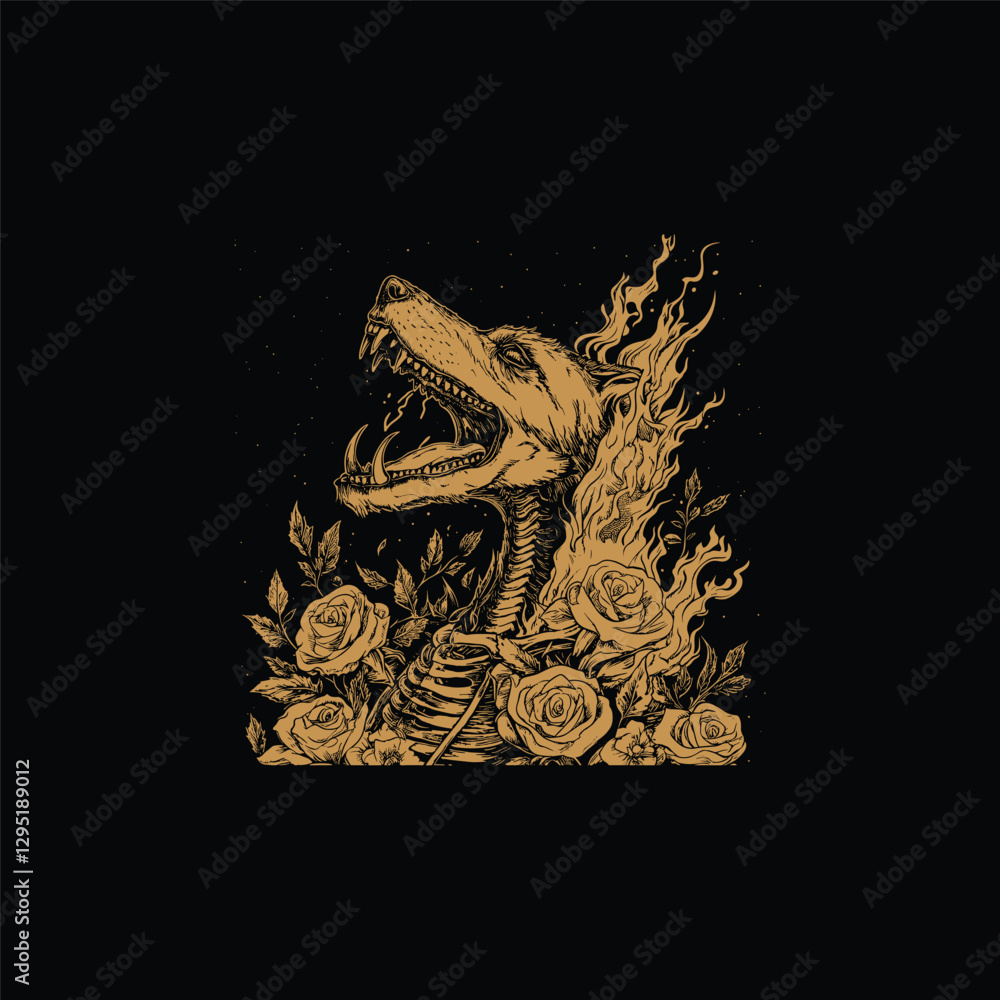 Wolf skeleton with flames and floral design vector template illustration Wolf skeleton with flames and floral design vector template illustration