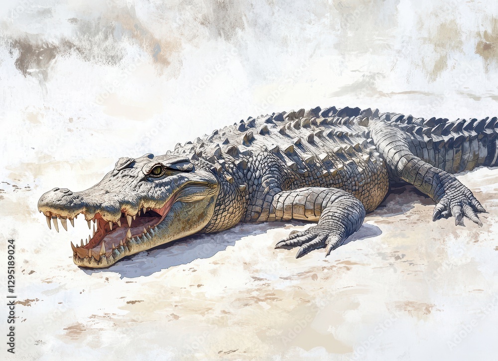 Naklejka premium Realistic and Detailed Illustration of a Fierce Crocodile Lying on the Ground with a Sandy Texture and a Soft Background, Perfect for Wildlife Themes