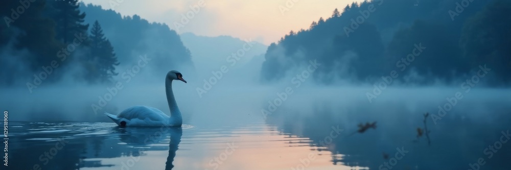 Fototapeta premium Solitary swan on a mysterious blue misty lake at dawn, aquatic, blue, tranquil