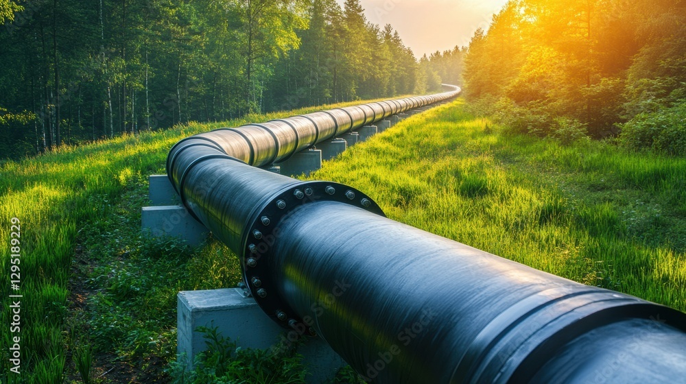 Gas pipelines run through a lush green forest at sunset providing essential energy resources. Generative AI Gas pipelines run through a lush green forest at sunset providing essential energy resources. Generative AI
