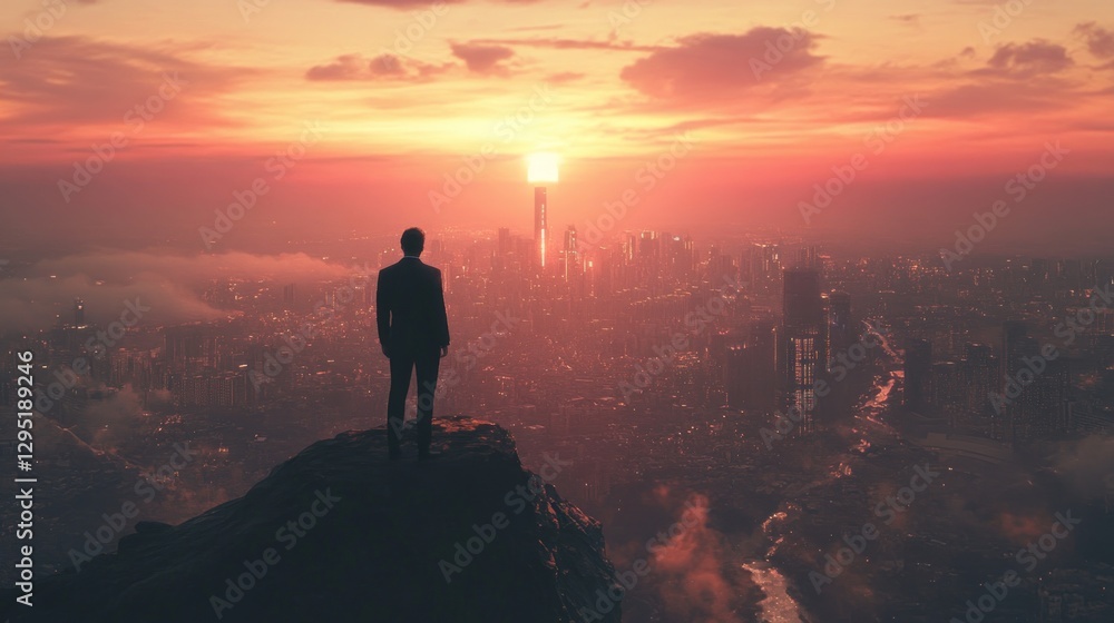 Fototapeta premium Visionary silhouette overlooking illuminated cityscape during twilight