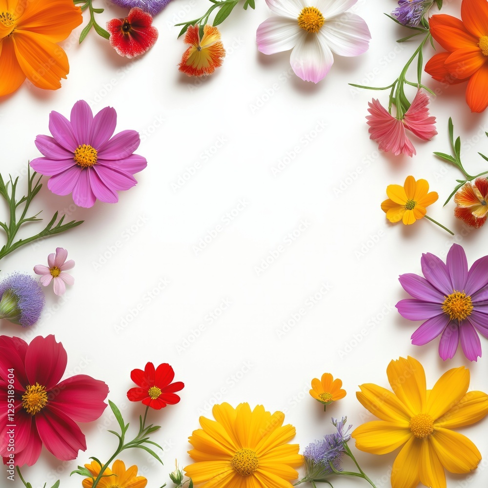 Colorful flower frame with diverse blooms and leaves on a white background Colorful flower frame with diverse blooms and leaves on a white background