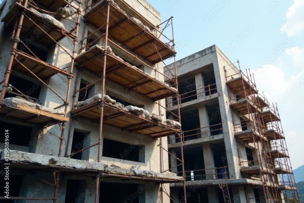 Steel scaffolding surrounds unfinished concrete building , sunny, foundation, beams Steel scaffolding surrounds unfinished concrete building , sunny, foundation, beams