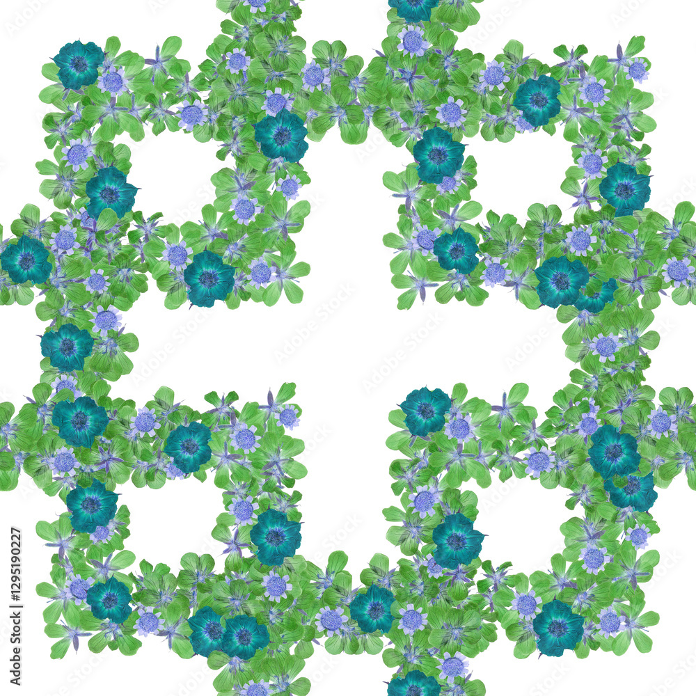 Seamless pattern with floral lattice ornament. Green and blue pressed flowers on white background. Seamless pattern with floral lattice ornament. Green and blue pressed flowers on white background.
