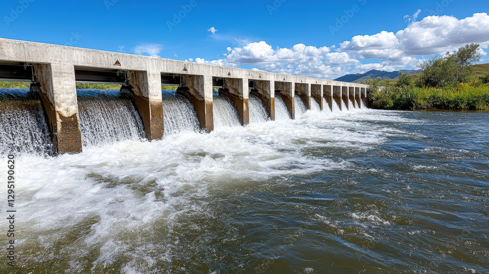 Hydroelectric dam generating clean energy with flowing water and blue sky Hydroelectric dam generating clean energy with flowing water and blue sky
