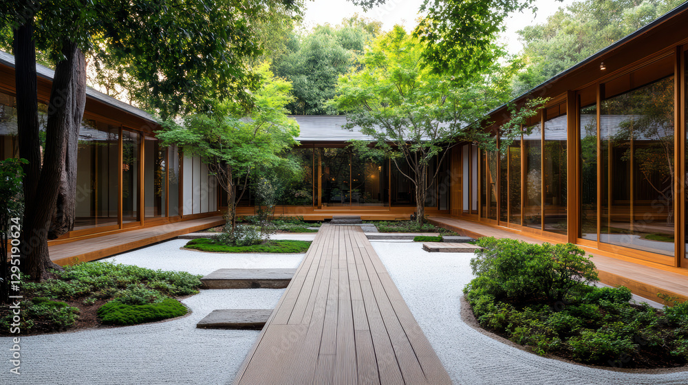 Naklejka premium serene Japanese Zen garden featuring wooden pathways and lush greenery