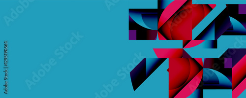 Abstract geometric composition with interlocking circular and angular shapes, featuring smooth gradients and sharp contrasts on a white background