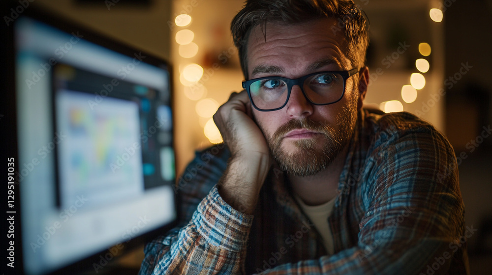 Contemplative man working late at night with thoughtful expression and illuminated background in a cozy workspace Contemplative man working late at night with thoughtful expression and illuminated background in a cozy workspace