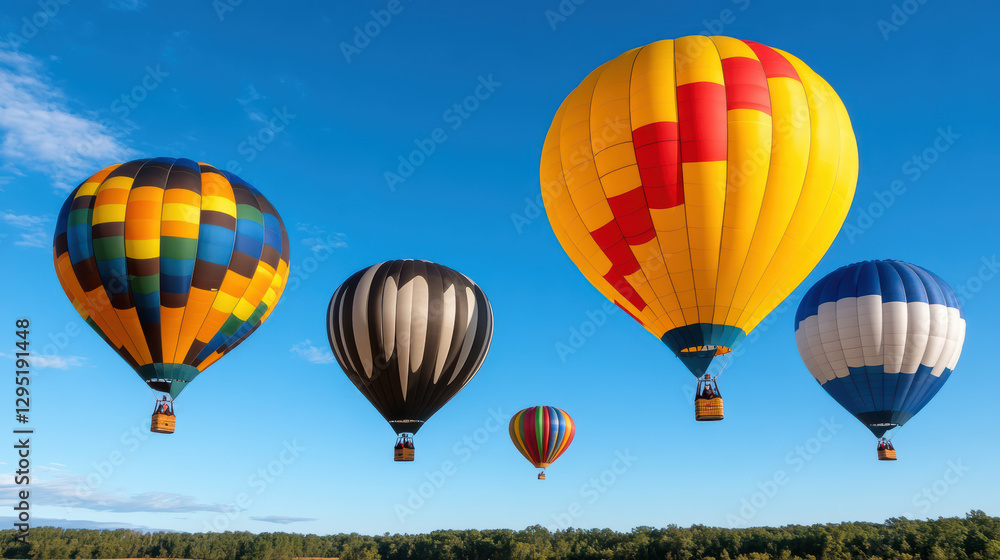 Fototapeta premium Colorful hot air balloons soaring in clear blue sky create vibrant scene