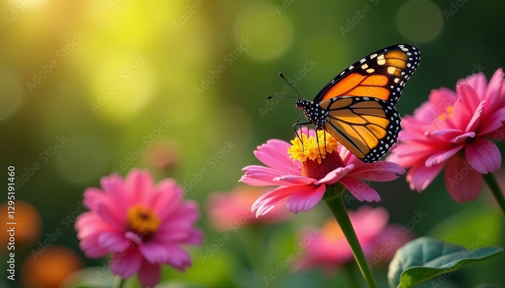 Fototapeta premium Beautiful monarch butterfly gliding gracefully over blooming garden, monarch butterfly, bloom