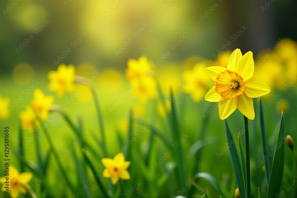 Fototapeta premium Beautiful spring scene with yellow daffodils in a meadow, bright, springtime