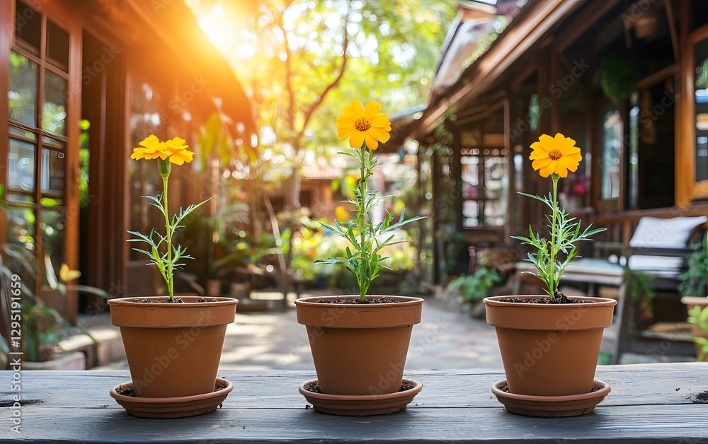 Three Yellow Flowers Growing in Terracotta Pots Outdoor Setting Three Yellow Flowers Growing in Terracotta Pots Outdoor Setting
