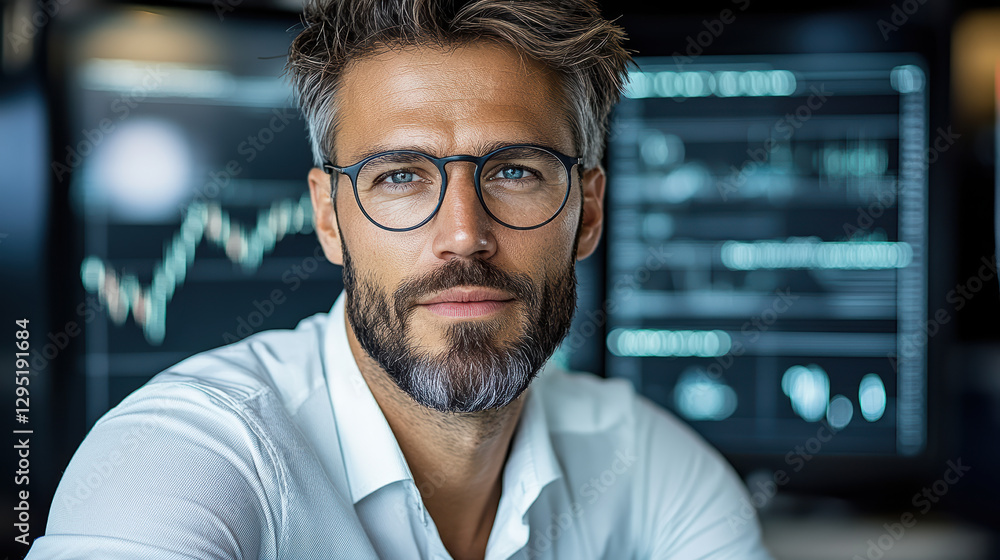 High stakes stockbroker analyzing market trends with confidence and focus High stakes stockbroker analyzing market trends with confidence and focus