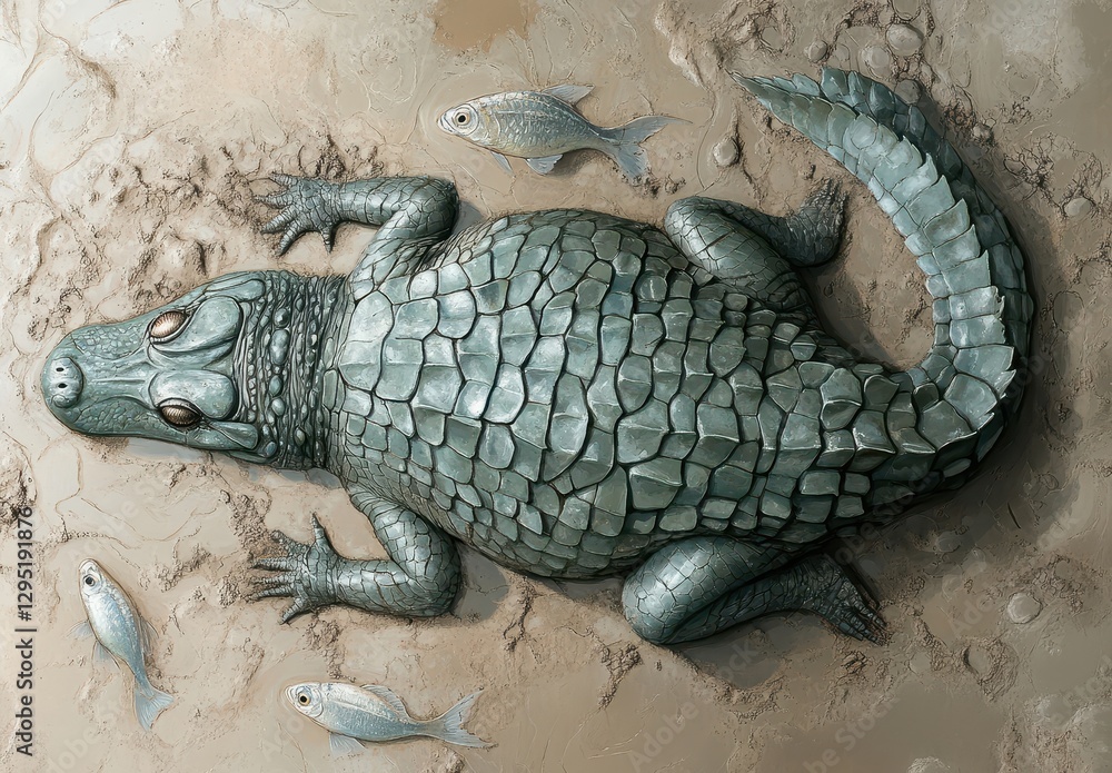 Fototapeta premium Realistic Illustration of a Large Prehistoric Crocodilian with Surrounding Small Fish on a Sandy Ocean Floor