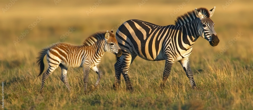 Naklejka premium Zebra mare and foal in golden savanna grassland.