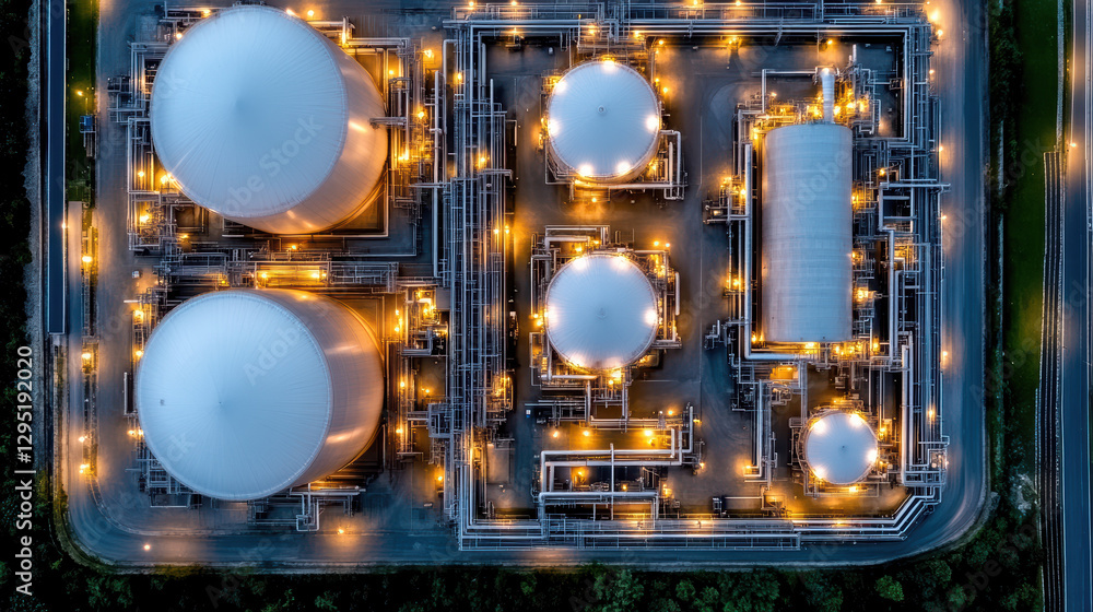 Aerial view of sprawling oil refinery with storage tanks and pipelines Aerial view of sprawling oil refinery with storage tanks and pipelines