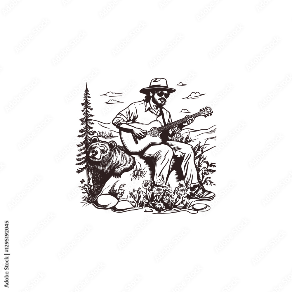 Naklejka premium Man playing guitar with bear design vector template illustration