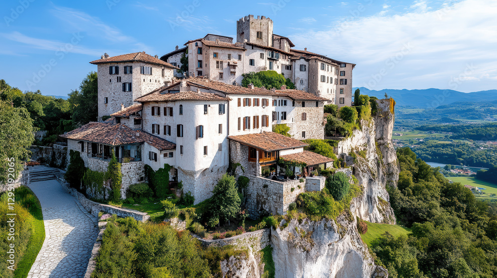 Obraz premium Ancient castle on hill with stunning views and medieval architecture