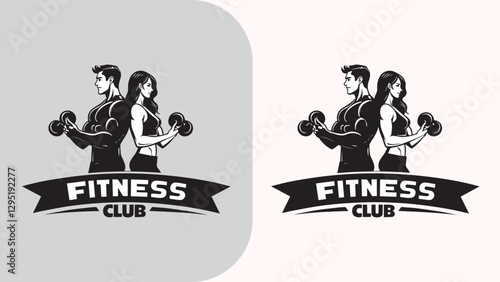 Fitness Club Logo - Muscular Man and Woman with Dumbbells