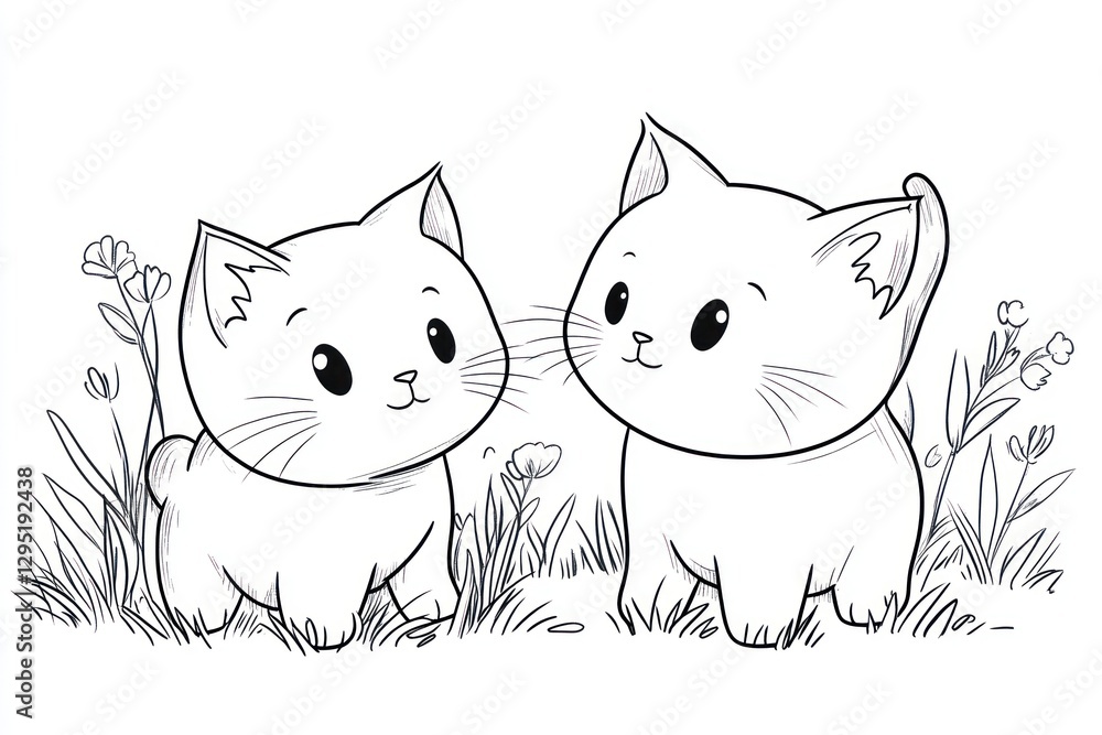 Fototapeta premium Two kittens meet in a field of flowers, coloring page