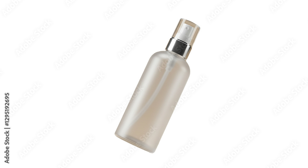 A studio shot of a luxurious frosted glass cosmetic spray bottle with a reflective silver pump and transparent cap, floating slightly above the surface, perfectly centered, isolated on a solid A studio shot of a luxurious frosted glass cosmetic spray bottle with a reflective silver pump and transparent cap, floating slightly above the surface, perfectly centered, isolated on a solid