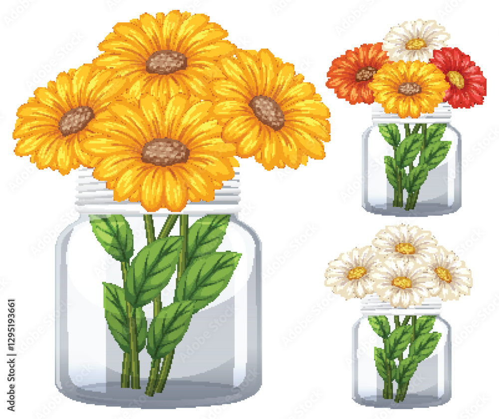 Obraz premium Colorful Flowers in Glass Jars