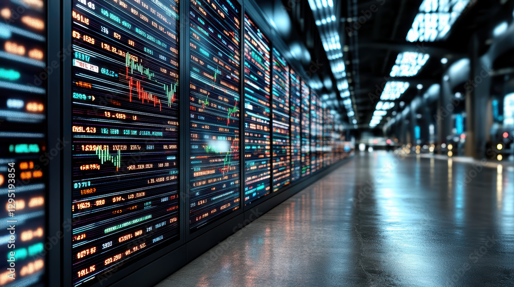 Fototapeta premium High tech financial trading floor with stock market data displays