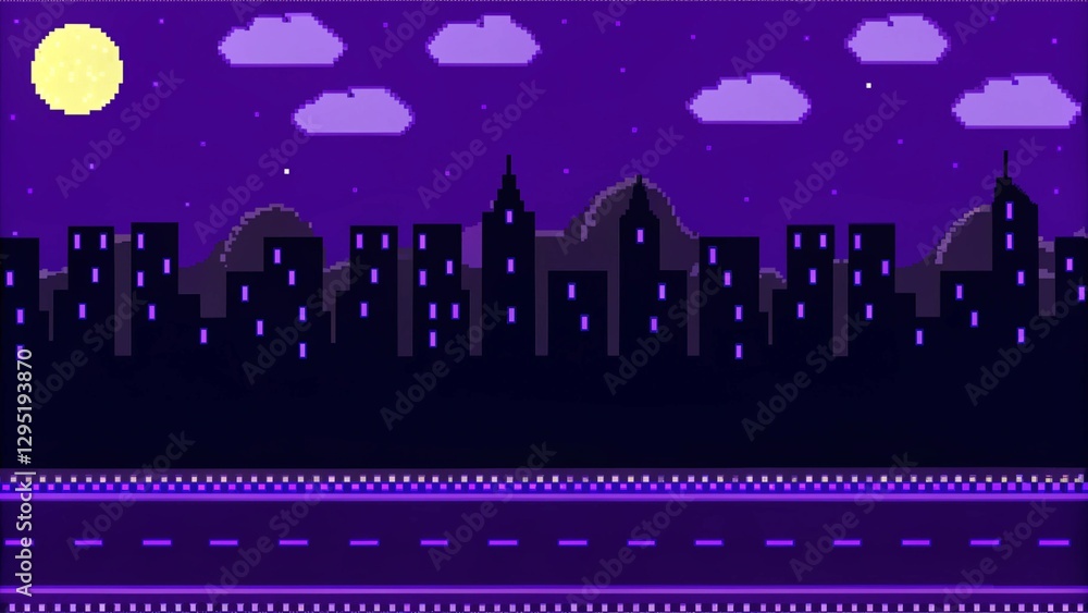 Pixel art game background with road, ground, sunset, landscape, sky, clouds, silhouette city, stars and moon. Background with gradient. Pixel art game background with road, ground, sunset, landscape, sky, clouds, silhouette city, stars and moon. Background with gradient.