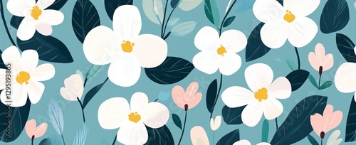 Wallpaper Mural Elegant floral pattern with white and pink blooms on teal background Torontodigital.ca