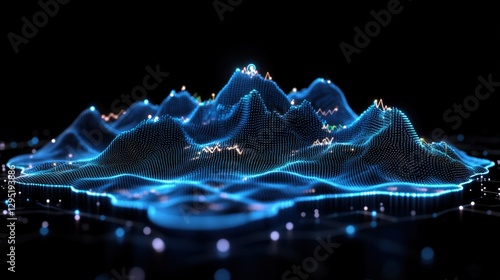 Futuristic mountain landscape with glowing lights and digital codes in blue showcasing technology and innovation