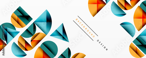 Abstract geometric background with layered gradient shapes forming dynamic patterns. Overlapping semi circles and triangles create depth and contrast