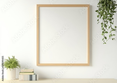Empty frame, home decor, books, plants, modern interior