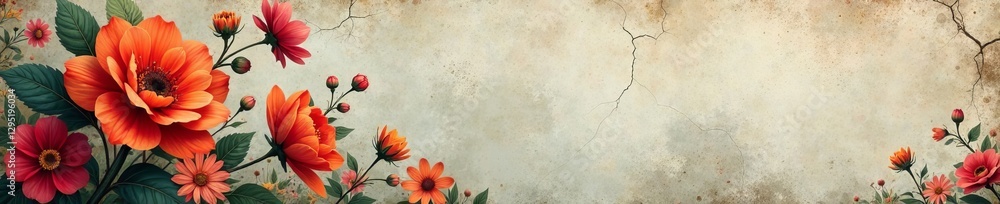 Faded floral print on weathered wallpaper with cracks and stains, patterns, aging Faded floral print on weathered wallpaper with cracks and stains, patterns, aging