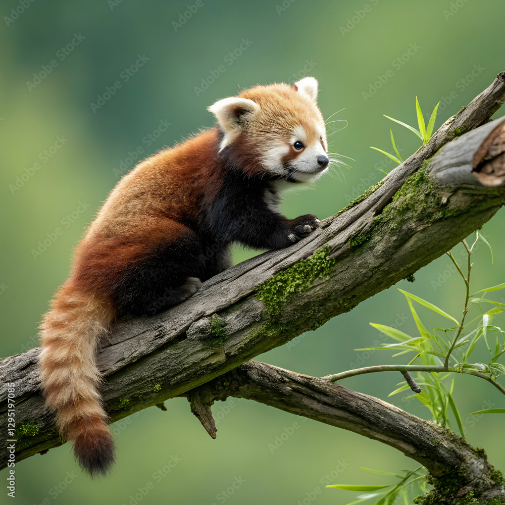 Naklejka premium red panda cub sitting on broken branch on green back