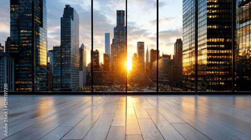 Fototapeta Naklejka Na Ścianę i Meble -  Stunning sunset view from modern office with city skyline