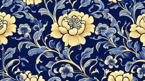 Ornate floral pattern, navy blue background, repeating design, wallpaper or fabric photo