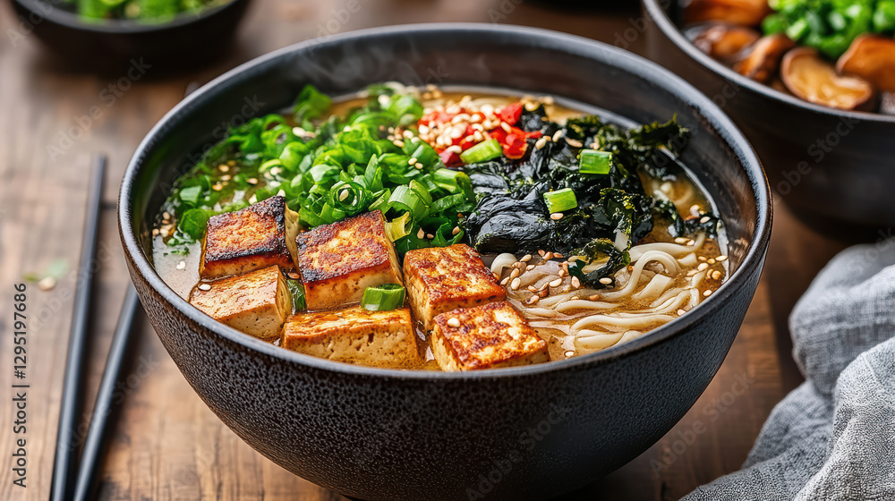 steaming bowl of vegan ramen with tofu, seaweed, and mushrooms steaming bowl of vegan ramen with tofu, seaweed, and mushrooms